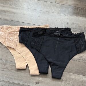 Lace Trim High-Waist Bikini Panty Set - Black & Nude